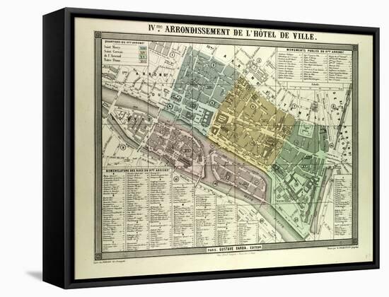 Map of the 4th Arrondissement De L'Hôtel De Ville Paris France-null-Framed Stretched Canvas