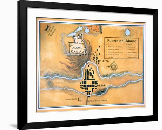 Map of the Alamo Area in San Antonio Based on Santa Anna's Original Battlefield Map, 1836-null-Framed Giclee Print