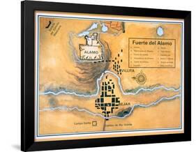 Map of the Alamo Area in San Antonio Based on Santa Anna's Original Battlefield Map, 1836-null-Framed Premium Giclee Print