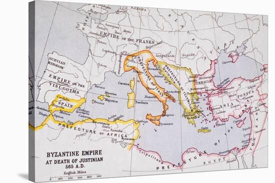 Map of the Byzantine Empire at Death of Emperor Justinian I (463-565) from 'A Literary and…-English School-Stretched Canvas