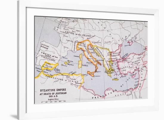 Map of the Byzantine Empire at Death of Emperor Justinian I (463-565) from 'A Literary and…-English School-Framed Giclee Print