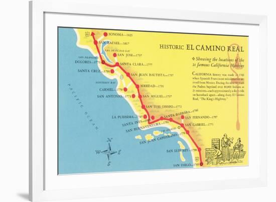 Map of the Camino Real, California Missions-null-Framed Premium Giclee Print