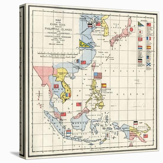 Map of the China Seas, Philippines, and European Colonies in the Region, c.1898-null-Stretched Canvas