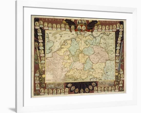 Map of the German Empire with Portraits of the Holy Roman Emperors, Published by Louis-Charles…-Nicolas De Fer-Framed Giclee Print