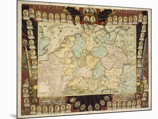 Map of the German Empire with Portraits of the Holy Roman Emperors, Published by Louis-Charles…-Nicolas De Fer-Mounted Giclee Print