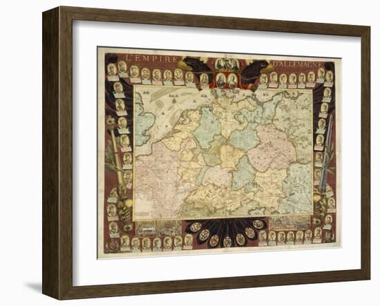 Map of the German Empire with Portraits of the Holy Roman Emperors, Published by Louis-Charles…-Nicolas De Fer-Framed Giclee Print