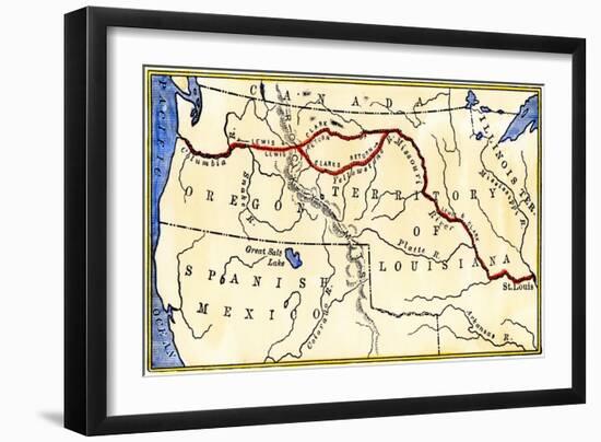 Map of the Lewis and Clark Route across Louisiana Territory, c.1804-1806-null-Framed Giclee Print