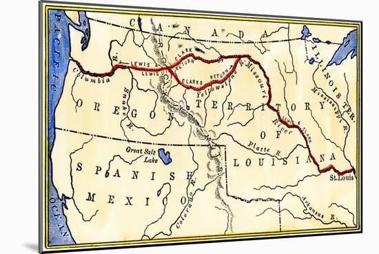 Map of the Lewis and Clark Route across Louisiana Territory, c.1804-1806-null-Mounted Giclee Print