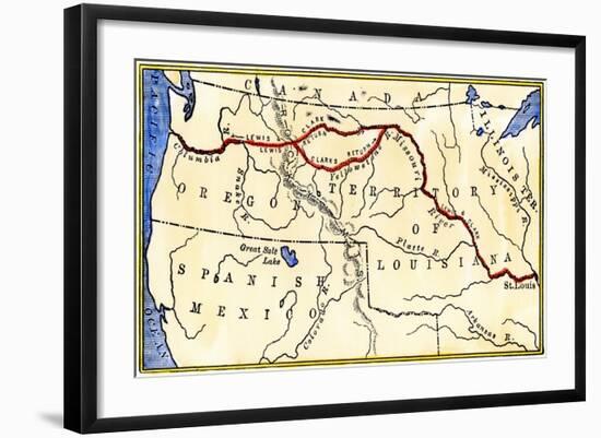 Map of the Lewis and Clark Route across Louisiana Territory, c.1804-1806-null-Framed Giclee Print