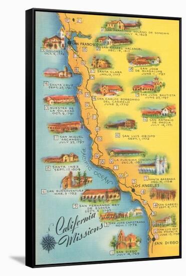 Map of the Missions, California-null-Framed Stretched Canvas