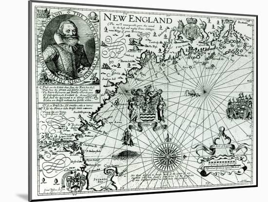 Map of the New England Coastline in 1614, Engraved by Simon de Passe-John Smith-Mounted Giclee Print