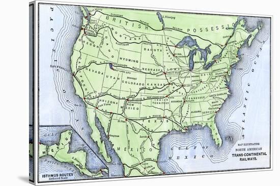 Map of the North American Transcontinental Railways, 1800s-null-Stretched Canvas