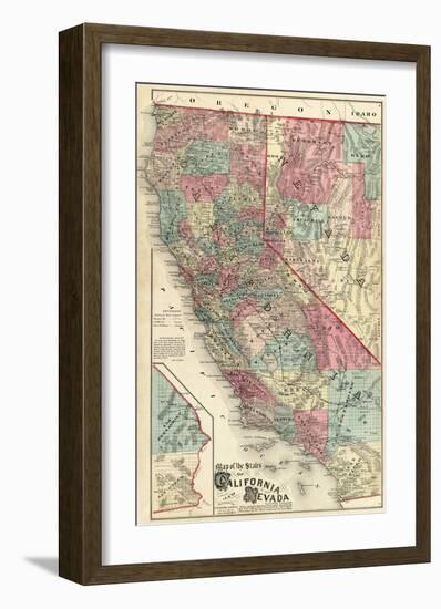 Map of the States of California and Nevada, c.1877-Thos^ H^ Thompson-Framed Art Print