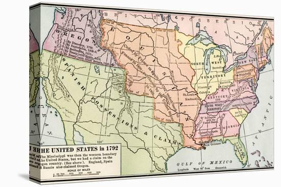 Map of the U.S. in 1792, Showing Colonial Claims on Oregon Territory-null-Stretched Canvas