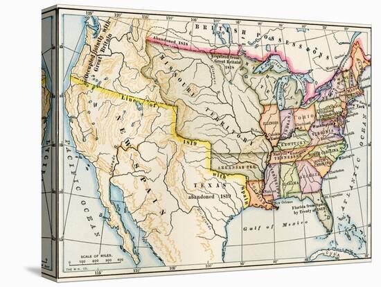 Map of the United States in 1819, Showing Territory under Spanish and British Control-null-Stretched Canvas