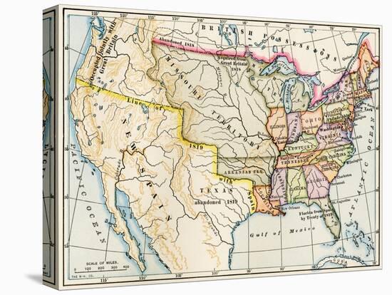 Map of the United States in 1819, Showing Territory under Spanish and British Control-null-Stretched Canvas