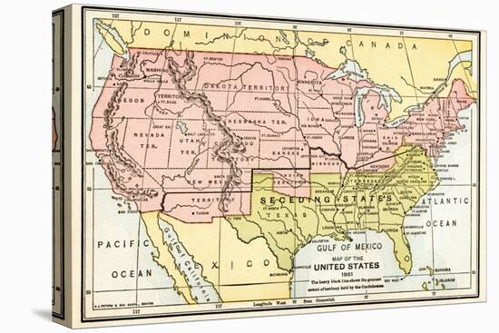 Map of the United States in 1861, at the Start of the Civil War-null-Stretched Canvas