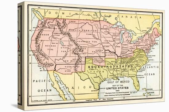 Map of the United States in 1861, at the Start of the Civil War-null-Stretched Canvas