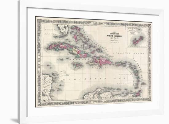 Map of the West Indies and Caribbean by A.J. Johnson-null-Framed Giclee Print