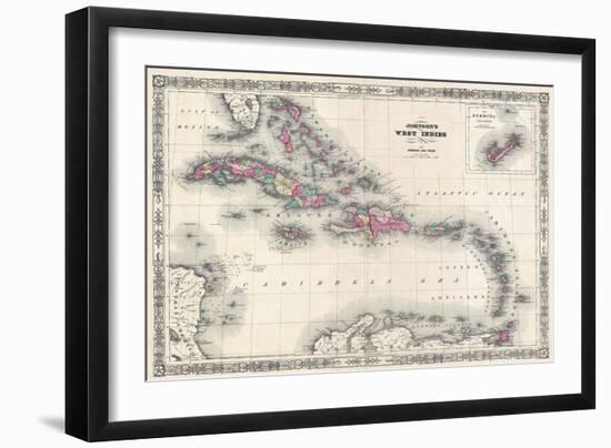 Map of the West Indies and Caribbean by A.J. Johnson-null-Framed Giclee Print