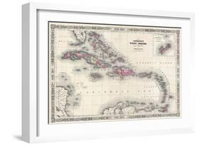 Map of the West Indies and Caribbean by A.J. Johnson-null-Framed Giclee Print