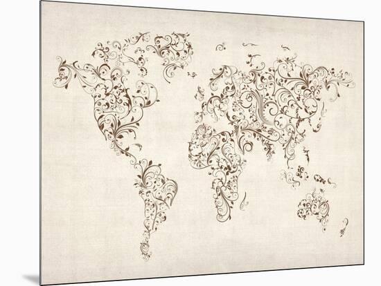 Map of the World Map Floral Swirls-Michael Tompsett-Mounted Art Print