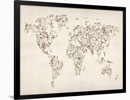 Map of the World Map Floral Swirls-Michael Tompsett-Framed Art Print