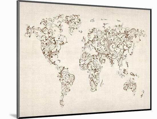 Map of the World Map Floral Swirls-Michael Tompsett-Mounted Art Print