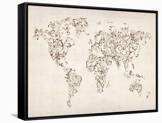 Map of the World Map Floral Swirls-Michael Tompsett-Framed Stretched Canvas