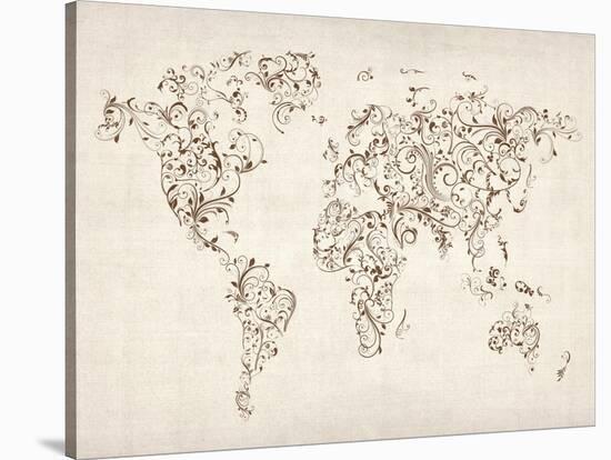 Map of the World Map Floral Swirls-Michael Tompsett-Stretched Canvas