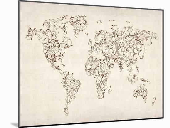 Map of the World Map Floral Swirls-Michael Tompsett-Mounted Art Print