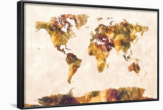 Map of the World Map Watercolor Painting-Michael Tompsett-Framed Art Print