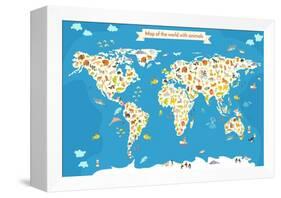 Map of the World with Animals. Beautiful Colorful Vector Illustration-coffeee_in-Framed Stretched Canvas