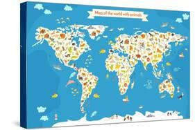 Map of the World with Animals. Beautiful Colorful Vector Illustration-coffeee_in-Stretched Canvas