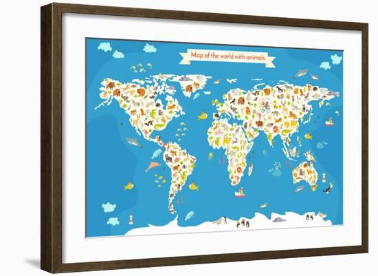 Map of the World with Animals. Beautiful Colorful Vector Illustration-coffeee_in-Framed Art Print