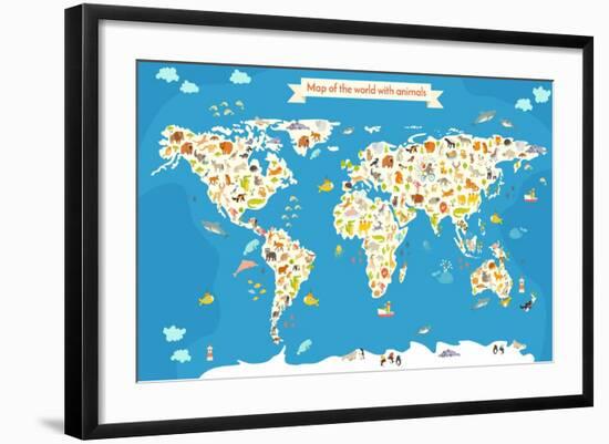 Map of the World with Animals. Beautiful Colorful Vector Illustration-coffeee_in-Framed Art Print