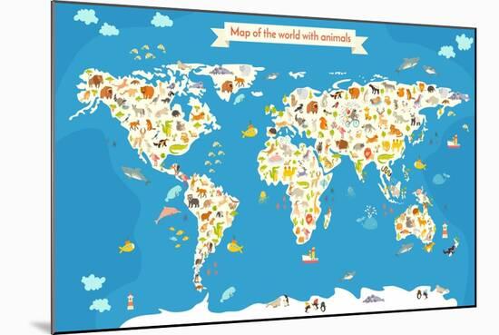 Map of the World with Animals. Beautiful Colorful Vector Illustration-coffeee_in-Mounted Art Print