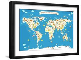 Map of the World with Animals. Beautiful Colorful Vector Illustration-coffeee_in-Framed Premium Giclee Print