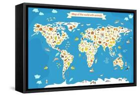 Map of the World with Animals. Beautiful Colorful Vector Illustration-coffeee_in-Framed Stretched Canvas