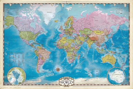 Map of the World with Poles-null-Lamina Framed Poster