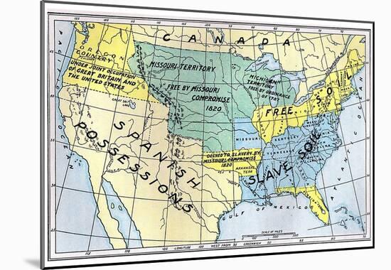 Map of United States (Free and Slave Territorries, 1820) Art Poster Print-null-Mounted Poster