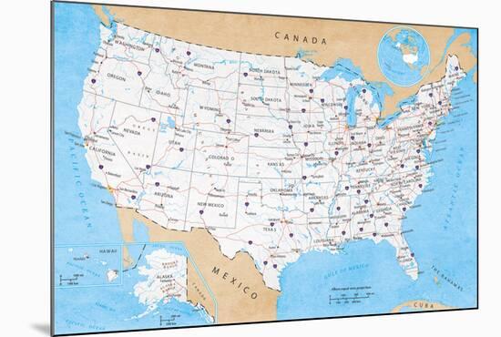 Map Of USA- Road Map-null-Mounted Poster