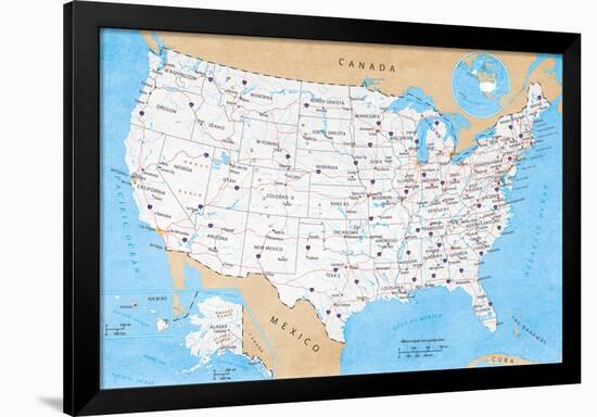Map Of USA- Road Map-null-Framed Poster