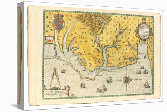 Map of Virginia Showing the Arrival of Sir Walter Raleigh's Expedition in 1585, 1590-John White-Stretched Canvas