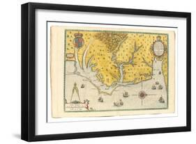 Map of Virginia Showing the Arrival of Sir Walter Raleigh's Expedition in 1585, 1590-John White-Framed Giclee Print