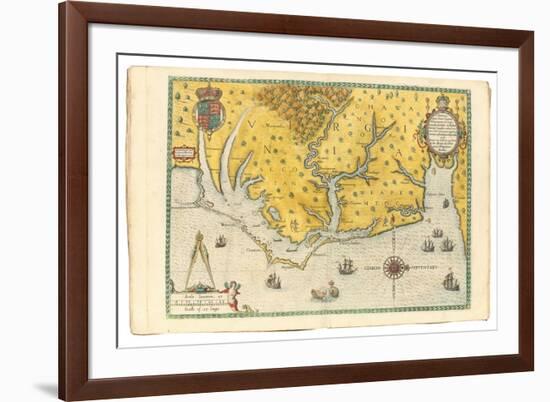 Map of Virginia Showing the Arrival of Sir Walter Raleigh's Expedition in 1585, 1590-John White-Framed Giclee Print