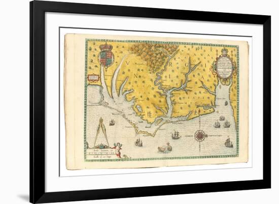 Map of Virginia Showing the Arrival of Sir Walter Raleigh's Expedition in 1585, 1590-John White-Framed Giclee Print