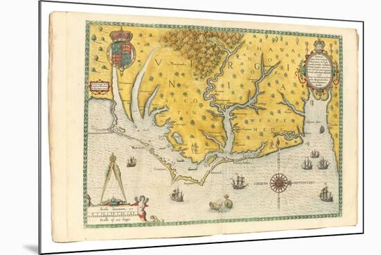 Map of Virginia Showing the Arrival of Sir Walter Raleigh's Expedition in 1585, 1590-John White-Mounted Giclee Print