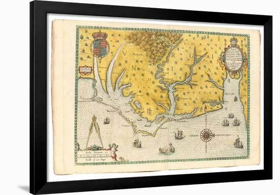 Map of Virginia Showing the Arrival of Sir Walter Raleigh's Expedition in 1585, 1590-John White-Framed Giclee Print