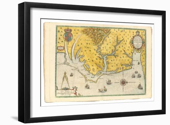 Map of Virginia Showing the Arrival of Sir Walter Raleigh's Expedition in 1585, 1590-John White-Framed Premium Giclee Print